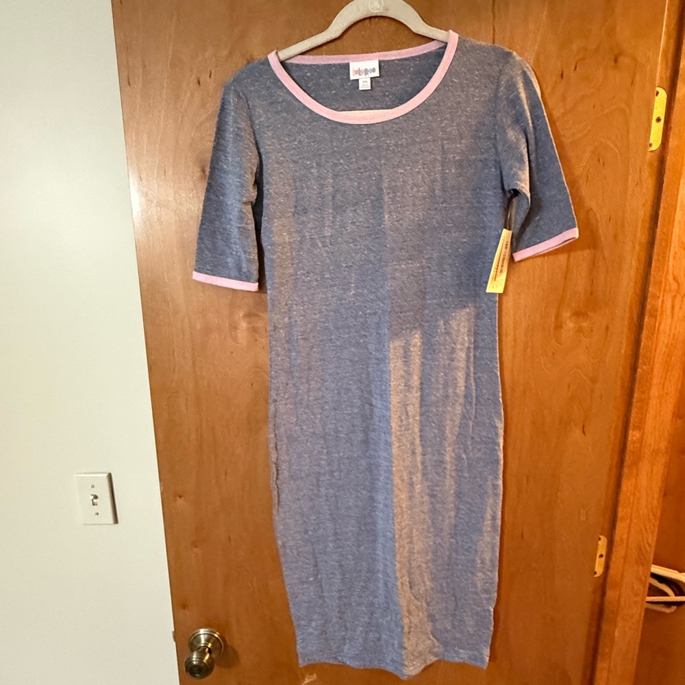LuLaRoe Heathered Blue Midi Dress with Pink Accents